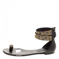Pre Owned Casadei Two Tone Crystal Embellished Ankle Cuff and PVC Vinil Flat Sandals Size 40