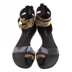 Pre Owned Casadei Two Tone Crystal Embellished Ankle Cuff and PVC Vinil Flat Sandals Size 40