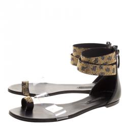Pre Owned Casadei Two Tone Crystal Embellished Ankle Cuff and PVC Vinil Flat Sandals Size 40