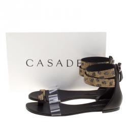 Pre Owned Casadei Two Tone Crystal Embellished Ankle Cuff and PVC Vinil Flat Sandals Size 40