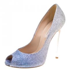 Pre Owned Casadei Blue and Silver Ombrè Glitter Pegasus Peep Toe Pumps Size 39