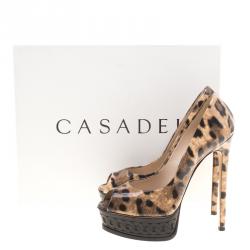 Pre Owned Casadei Leopard Print Patent Leather Animalier Peep Toe Platform Pumps Size 37