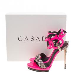 Pre Owned Casadei Fuschia Pink Patent and Embossed Roccia Leather Platform Ankle Strap Sandals Size 38