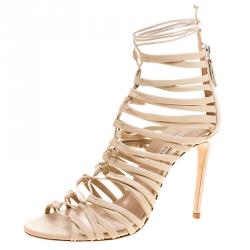 Pre Owned Casadei Beige Leather Strappy Tie Up Peep Toe Sandals Size 38