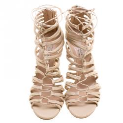 Pre Owned Casadei Beige Leather Strappy Tie Up Peep Toe Sandals Size 38