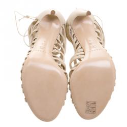 Pre Owned Casadei Beige Leather Strappy Tie Up Peep Toe Sandals Size 38