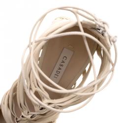 Pre Owned Casadei Beige Leather Strappy Tie Up Peep Toe Sandals Size 38