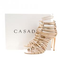 Pre Owned Casadei Beige Leather Strappy Tie Up Peep Toe Sandals Size 38
