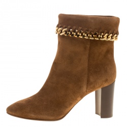 Pre Owned Casadei Brown Suede Renna Chain Trim Ankle Boots Size 38.5