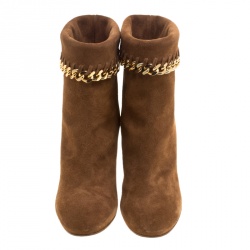 Pre Owned Casadei Brown Suede Renna Chain Trim Ankle Boots Size 38.5