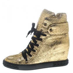 Pre Owned Casadei Gold Metallic Crackled Leather High Top Sneakers Size 41