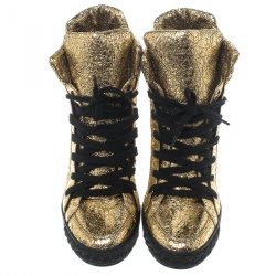 Pre Owned Casadei Gold Metallic Crackled Leather High Top Sneakers Size 41