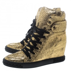 Pre Owned Casadei Gold Metallic Crackled Leather High Top Sneakers Size 41