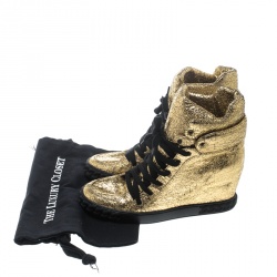 Pre Owned Casadei Gold Metallic Crackled Leather High Top Sneakers Size 41