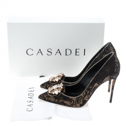 Pre Owned Casadei Black Lace Giulia Embellished Pointed Toe Pumps Size 37