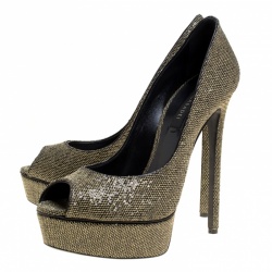 Pre Owned Casadei Glitter Lamé Fabric Daisy Peep Toe Platform Pumps Size 40