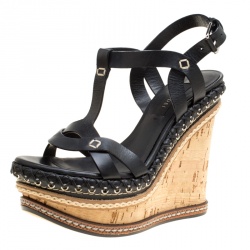 Pre Owned Casadei Black Leather Cork Wedge T Strap Sandals Size 35