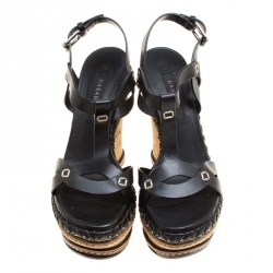 Pre Owned Casadei Black Leather Cork Wedge T Strap Sandals Size 35
