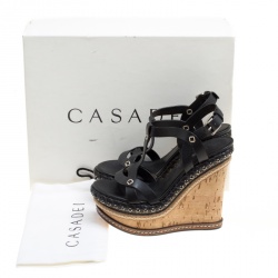 Pre Owned Casadei Black Leather Cork Wedge T Strap Sandals Size 35