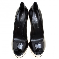 مملوكة مسبقًا Casadei Black Patent Leather Mosaic Mirror Heel Peep Toe Platform Pumps Size 40