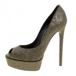 Pre Owned Casadei Black Glitter Lamé Fabric Daisy Peep Toe Platform Pumps Size 39