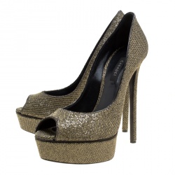 Pre Owned Casadei Black Glitter Lamé Fabric Daisy Peep Toe Platform Pumps Size 39