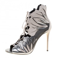 Pre Owned Casadei Grey Laser Cut Suede and Leather Peep Toe Lace Up Booties Size 40