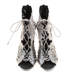 Pre Owned Casadei Grey Laser Cut Suede and Leather Peep Toe Lace Up Booties Size 40