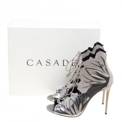 Pre Owned Casadei Grey Laser Cut Suede and Leather Peep Toe Lace Up Booties Size 40