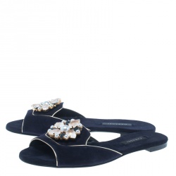 Pre Owned Casadei Navy Blue Suede Crystal Brooch Embellished Peep Toe Flat Slides Size 36