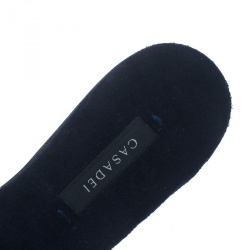 Pre Owned Casadei Navy Blue Suede Crystal Brooch Embellished Peep Toe Flat Slides Size 36