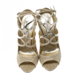 Pre Owned Casadei Metallic Gold and Lamè Fabric Ankle Strap Peep Toe Sandals Size 36