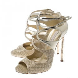 Pre Owned Casadei Metallic Gold and Lamè Fabric Ankle Strap Peep Toe Sandals Size 36