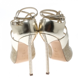 Pre Owned Casadei Metallic Gold and Lamè Fabric Ankle Strap Peep Toe Sandals Size 36