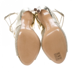 Pre Owned Casadei Metallic Gold and Lamè Fabric Ankle Strap Peep Toe Sandals Size 36