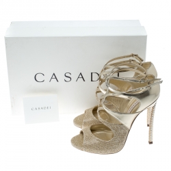 Pre Owned Casadei Metallic Gold and Lamè Fabric Ankle Strap Peep Toe Sandals Size 36