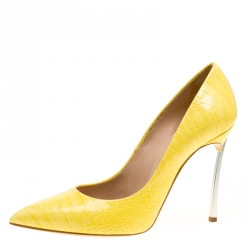 Pre Owned Casadei Yellow Croc Embossed Patent Leather Pointed Toe Pumps Size 38