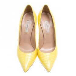 Pre Owned Casadei Yellow Croc Embossed Patent Leather Pointed Toe Pumps Size 38