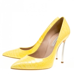 Pre Owned Casadei Yellow Croc Embossed Patent Leather Pointed Toe Pumps Size 38
