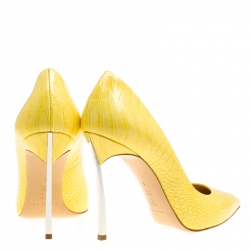 Pre Owned Casadei Yellow Croc Embossed Patent Leather Pointed Toe Pumps Size 38