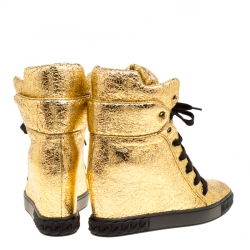 Pre Owned Casadei Gold Metallic Crackled Leather High Top Sneakers Size 39