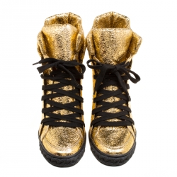 Pre Owned Casadei Gold Metallic Crackled Leather High Top Sneakers Size 39