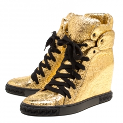 Pre Owned Casadei Gold Metallic Crackled Leather High Top Sneakers Size 39