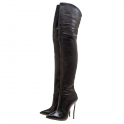 Pre Owned Casadei Black Leather Blade Over The Knee Pointed Toe Boots Size 37