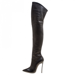 Pre Owned Casadei Black Leather Blade Over The Knee Pointed Toe Boots Size 37