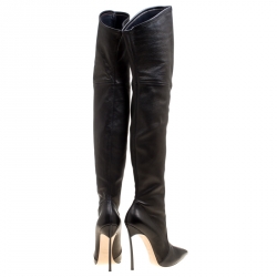 Pre Owned Casadei Black Leather Blade Over The Knee Pointed Toe Boots Size 37