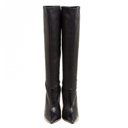 Pre Owned Casadei Black Leather Pointed Toe Knee Length Boots Size 41