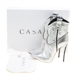 Pre Owned Casadei Metallic Silver Embossed Lizard Leather Stiletto Heel Cowboy Boots Size 40