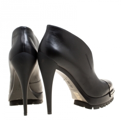 Pre Owned Casadei Black Leather V Neck Metal Cap Toe Platform Booties Size 38