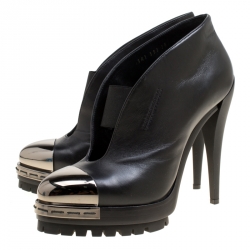 Pre Owned Casadei Black Leather V Neck Metal Cap Toe Platform Booties Size 38
